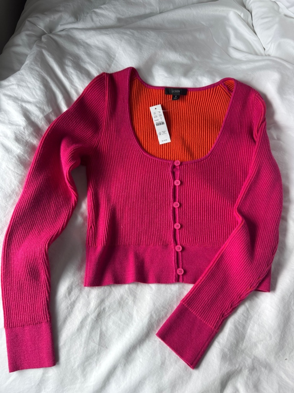 J. Crew Fuchsia Ribbed Scoopneck Cardigan with Orange Trim